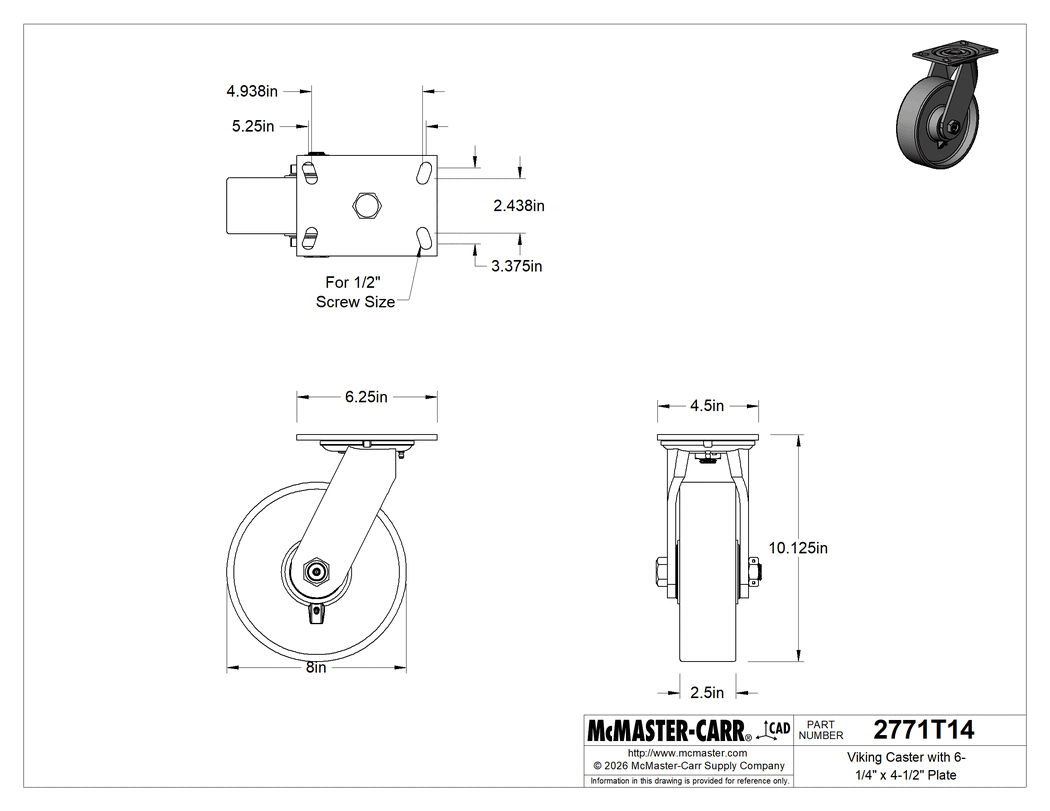 Technical Drawing of Viking Caster with 6-1/4" x 4-1/2" Plate, High-Capacity, Swivel with 8" Diameter Iron Wheel.